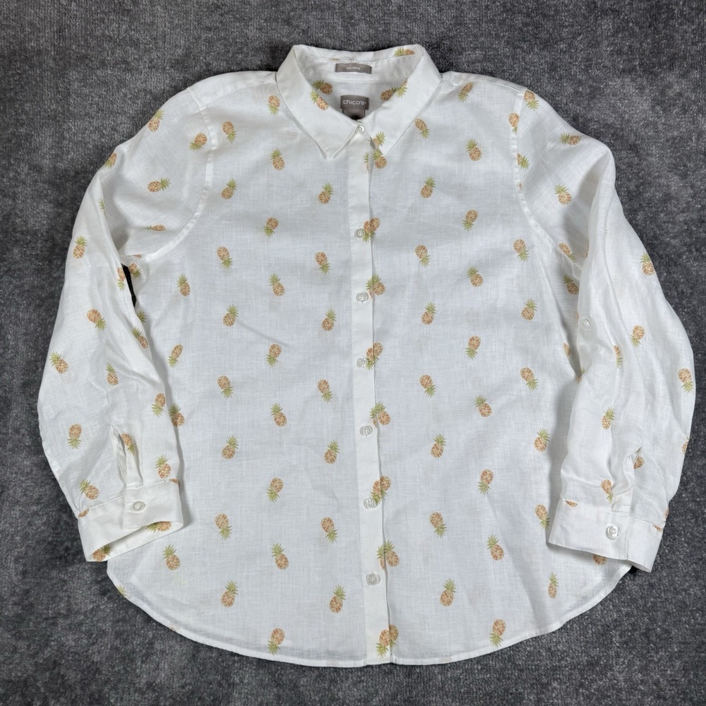 Chicos Top Women's 2 12/14 White Linen Pineapple Print Long Sleeve Roll Tab - Picture 2 of 8